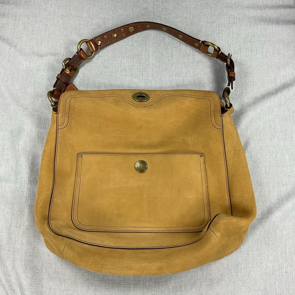 Coach Vintage Turn Lock Beige Suede Shoulder Bag With Leather Strap